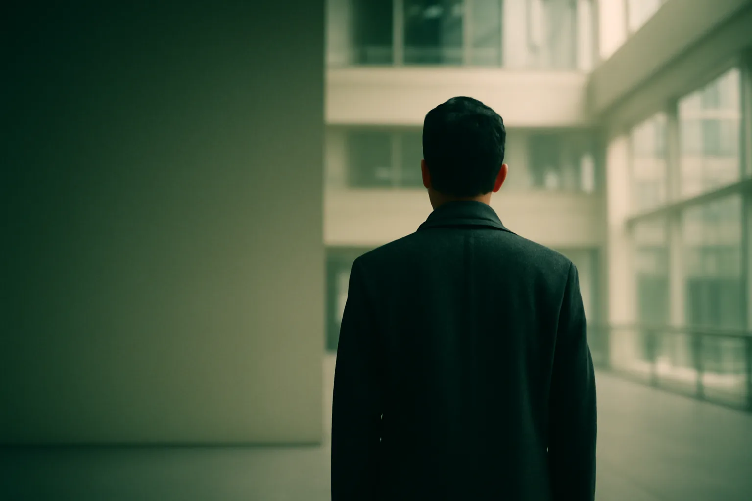 A man in a dark overcoat stands with his back to the camera in a bright modern atrium, the building blurred behind him.
